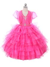  Hot Pink Ball Gowns Beading and Ruffled Layers Little Girls Pageant Dress Lace Up Organza Sleeveless Floor Length
