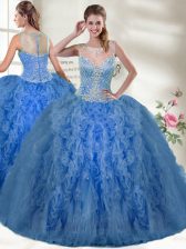 Dramatic Beading and Ruffles Sweet 16 Dress Blue Zipper Sleeveless Floor Length