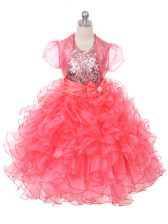 Fashionable Sleeveless Floor Length Ruffles and Sequins and Bowknot Lace Up Kids Pageant Dress with Coral Red