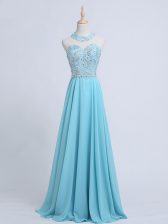 Comfortable Aqua Blue Empire Chiffon Halter Top Sleeveless Beading Zipper Evening Dress