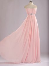  Sleeveless Chiffon Floor Length Zipper Damas Dress in Baby Pink with Beading and Ruching