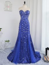  Royal Blue Mermaid Tulle and Sequined Sweetheart Sleeveless Beading and Sequins Zipper Dress for Prom