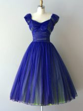 Perfect Royal Blue A-line V-neck Cap Sleeves Chiffon Knee Length Lace Up Ruching Quinceanera Court Dresses