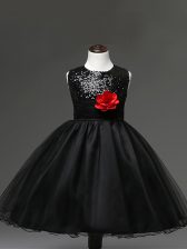  Black Pageant Gowns For Girls Wedding Party with Sequins and Hand Made Flower Scoop Sleeveless Zipper