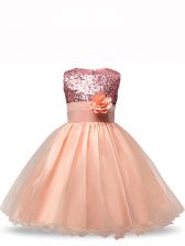  Scoop Sleeveless Pageant Gowns For Girls Knee Length Sequins and Hand Made Flower Peach Organza
