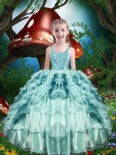  Floor Length Lace Up Little Girls Pageant Dress Wholesale Aqua Blue for Quinceanera and Wedding Party with Beading and Ruffles and Ruffled Layers