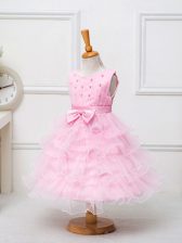  Sleeveless Tea Length Ruffled Layers and Bowknot Zipper Little Girl Pageant Gowns with Baby Pink