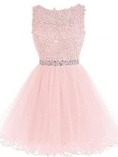 Pink Scoop Neckline Beading and Lace and Appliques and Ruffles Homecoming Dress Sleeveless Zipper