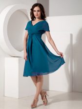 Romantic Teal Short Sleeves Ruching Knee Length Prom Party Dress