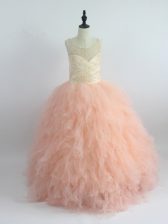 Low Price Peach Sleeveless Appliques and Ruffles Floor Length Pageant Gowns For Girls