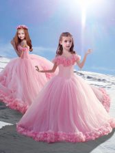  Hand Made Flower Child Pageant Dress Baby Pink Lace Up Sleeveless Court Train