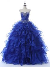  Royal Blue Ball Gowns Beading and Ruffles Quinceanera Dresses Lace Up Organza Sleeveless Floor Length