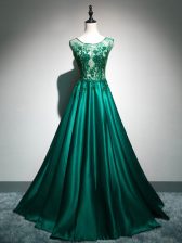  Dark Green A-line Beading and Lace and Appliques and Embroidery Prom Dresses Backless Elastic Woven Satin Sleeveless