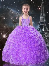 Classical Sleeveless Organza Floor Length Lace Up Little Girl Pageant Dress in Lilac with Beading and Ruffles