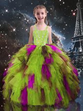 Eye-catching Ball Gowns Little Girl Pageant Gowns Yellow Green Straps Tulle Sleeveless Floor Length Lace Up