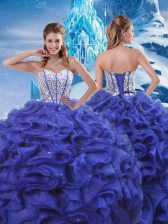  Blue Ball Gowns Organza Sweetheart Sleeveless Beading and Ruffles Floor Length Lace Up 15 Quinceanera Dress