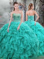  Ball Gowns Quinceanera Dresses Turquoise Sweetheart Organza Sleeveless Floor Length Lace Up