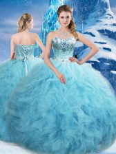 Most Popular Sweetheart Sleeveless Tulle Quinceanera Dress Beading and Pick Ups Lace Up