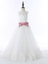 Cheap White A-line Lace and Bowknot Little Girl Pageant Gowns Zipper Tulle Sleeveless Floor Length