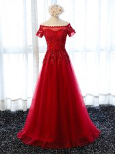  Red Prom Gown Prom and Party with Lace and Appliques Off The Shoulder Short Sleeves Lace Up