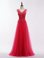 Glittering Coral Red Sleeveless Floor Length Lace and Appliques Backless Evening Dress