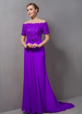 Hot Selling Eggplant Purple Prom Dresses Prom and Party with Lace Off The Shoulder Short Sleeves Sweep Train Zipper