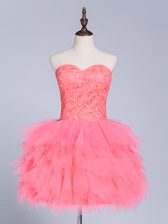 Eye-catching Sleeveless Mini Length Lace and Appliques Lace Up Prom Gown with Watermelon Red