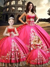 Pretty Floor Length Lace Up Vestidos de Quinceanera Hot Pink for Military Ball and Sweet 16 and Quinceanera with Beading and Embroidery