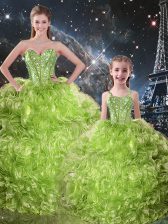 Amazing Olive Green Ball Gowns Sweetheart Sleeveless Organza Floor Length Lace Up Beading and Ruffles Quinceanera Gowns