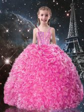 Admirable Floor Length Rose Pink Little Girl Pageant Gowns Straps Sleeveless Lace Up