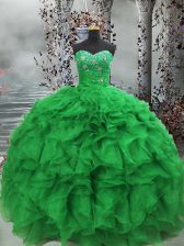 Super Green Sleeveless Floor Length Beading and Ruffles Lace Up Quinceanera Gowns