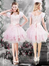  Baby Pink Lace Up Prom Dresses Beading and Appliques and Ruffles and Hand Made Flower Short Sleeves Knee Length