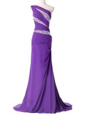 Great Sleeveless Beading and Ruching Lace Up Prom Gown with Purple Brush Train