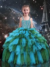  Teal Ball Gowns Beading and Ruffles Kids Pageant Dress Lace Up Tulle Sleeveless Floor Length