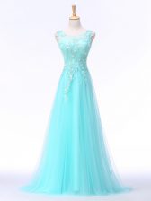 Free and Easy Chiffon Scoop Sleeveless Brush Train Backless Lace and Appliques Homecoming Dress in Aqua Blue
