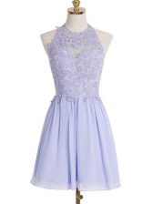 Classical Chiffon Halter Top Sleeveless Lace Up Lace Dama Dress for Quinceanera in Lavender