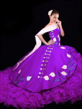 Latest Lace Up Sweet 16 Dresses Eggplant Purple for Military Ball and Sweet 16 and Quinceanera with Embroidery and Ruffles Brush Train