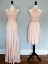  Baby Pink and Peach Lace Up Halter Top Ruching Vestidos de Damas Chiffon Sleeveless