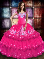 Fitting Hot Pink Taffeta Lace Up Off The Shoulder Sleeveless Floor Length Quince Ball Gowns Embroidery and Ruffled Layers