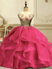 Flare Hot Pink Scoop Neckline Appliques and Ruffles Sweet 16 Dress Sleeveless Lace Up
