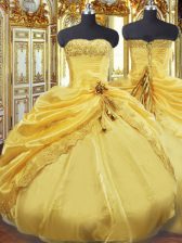  Gold Ball Gowns Beading and Pick Ups 15 Quinceanera Dress Lace Up Taffeta Sleeveless Floor Length
