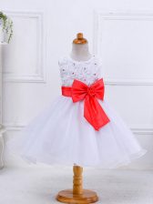 Custom Design Knee Length Zipper Child Pageant Dress White for Wedding Party with Bowknot