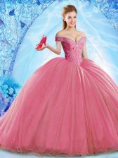  Off The Shoulder Sleeveless Quinceanera Dress Brush Train Beading Coral Red Organza
