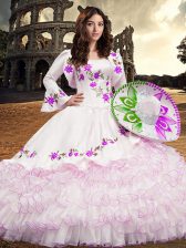 Classical Long Sleeves Floor Length Embroidery and Ruffled Layers Lace Up 15 Quinceanera Dress with White
