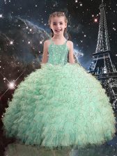  Turquoise Ball Gowns Straps Sleeveless Organza Floor Length Lace Up Beading and Ruffles Kids Pageant Dress