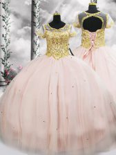 Cheap Pink Tulle Lace Up Quinceanera Gowns Short Sleeves Floor Length Beading