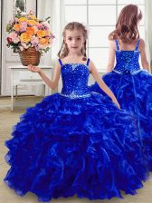  Floor Length Royal Blue Girls Pageant Dresses Organza Sleeveless Beading and Ruffles