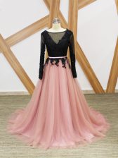 Fashionable Pink And Black Zipper Scoop Lace and Appliques and Sashes ribbons Dress for Prom Tulle Long Sleeves Brush Train