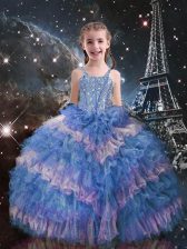 Modern Light Blue Ball Gowns Beading and Ruffled Layers Girls Pageant Dresses Lace Up Organza Sleeveless Floor Length