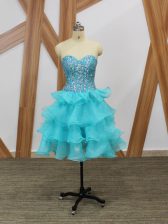  Sleeveless Mini Length Beading and Ruffled Layers Zipper Prom Gown with Aqua Blue